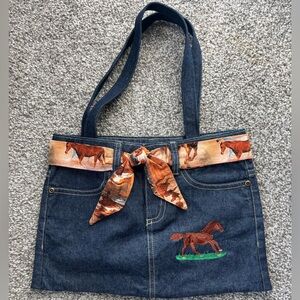 Y2K Equestrian Denim Embroidered Horse Shoulder Western Boho bag with bow detail